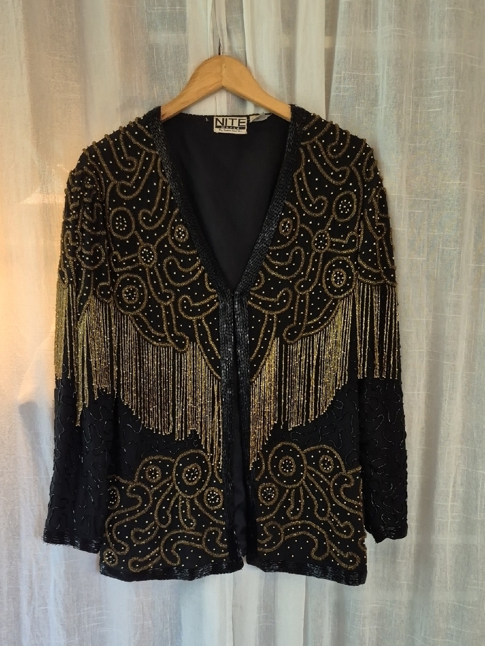 Vintage 70s Black Jacket with Gold Beaded Fringe Silk Stunning!